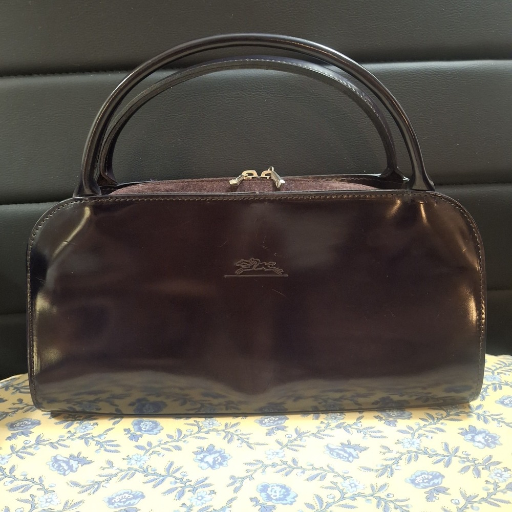 Y2K Vtg Longchamp Eggplant Patent Leather Suede Double Handle Bag Classic Luxury
